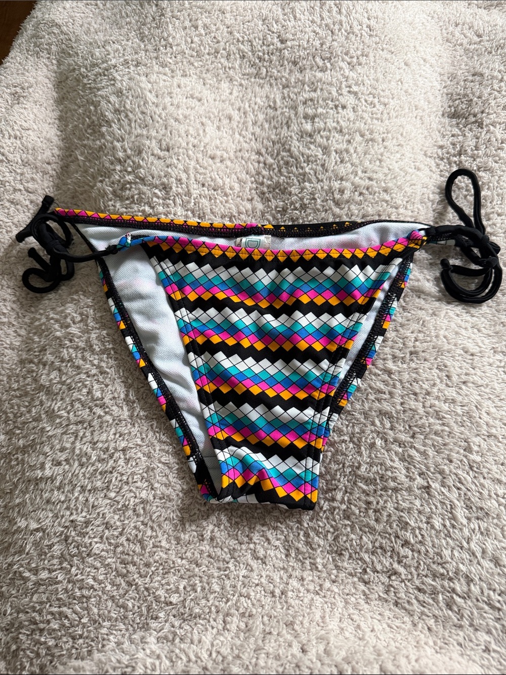 Women’s Damsel Multi-Colored Bikini Bottom, Cheeky, Side-Ties, Size M